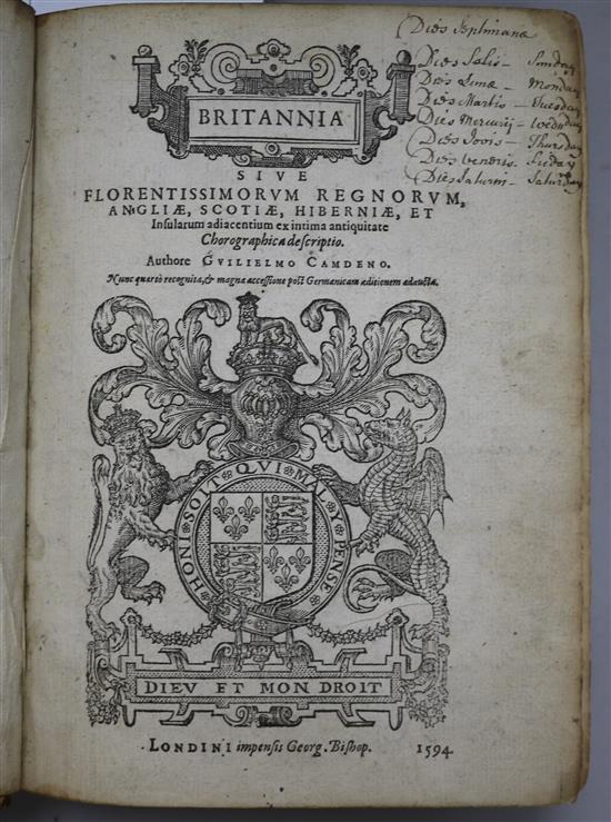 Camden, William - Britannia, 4th edition, quarto, blind stamped calf, rebacked, London 1594